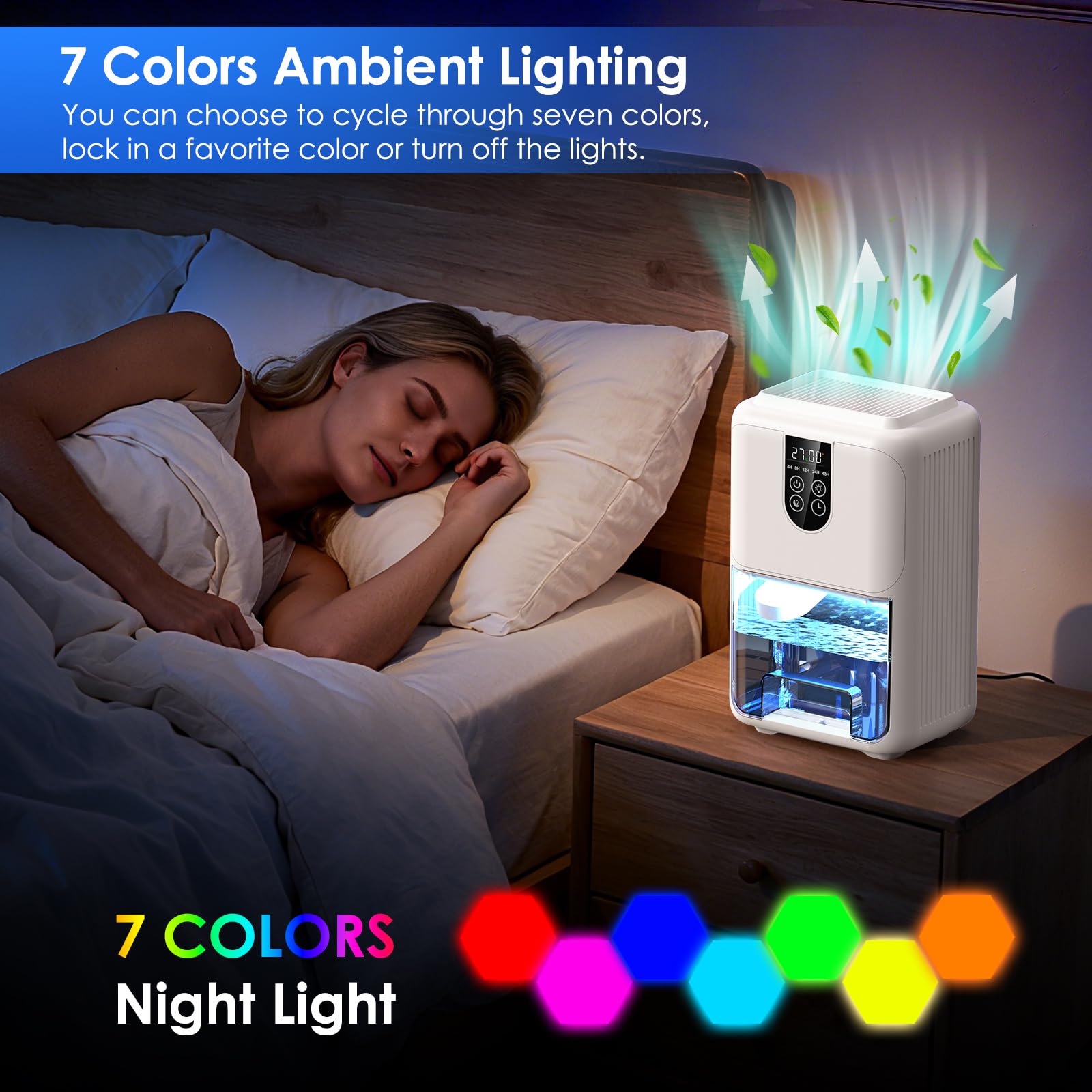 Deumidificatore Casa Muffa 2000ML, Deumidificatore Portatile Silenzioso Piccolo con Sbrinamento Automatico, Illuminazione a 7 colori e Timer 4-48 ore per Camera da Letto Bagno Cantina, 600ML/24H