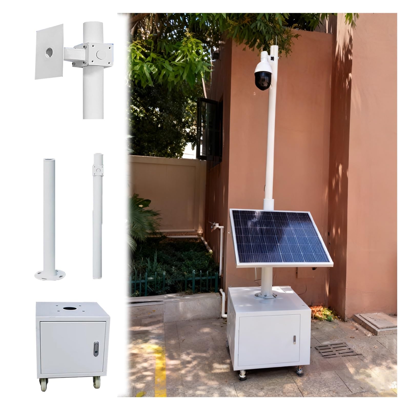 Este Soporte Ajustable para cámara de Seguridad de 4 m con Almacenamiento con Cerradura, Soporte móvil extralargo con 4 Ruedas para una fácil configuración y flexibilidad del videovigilancia