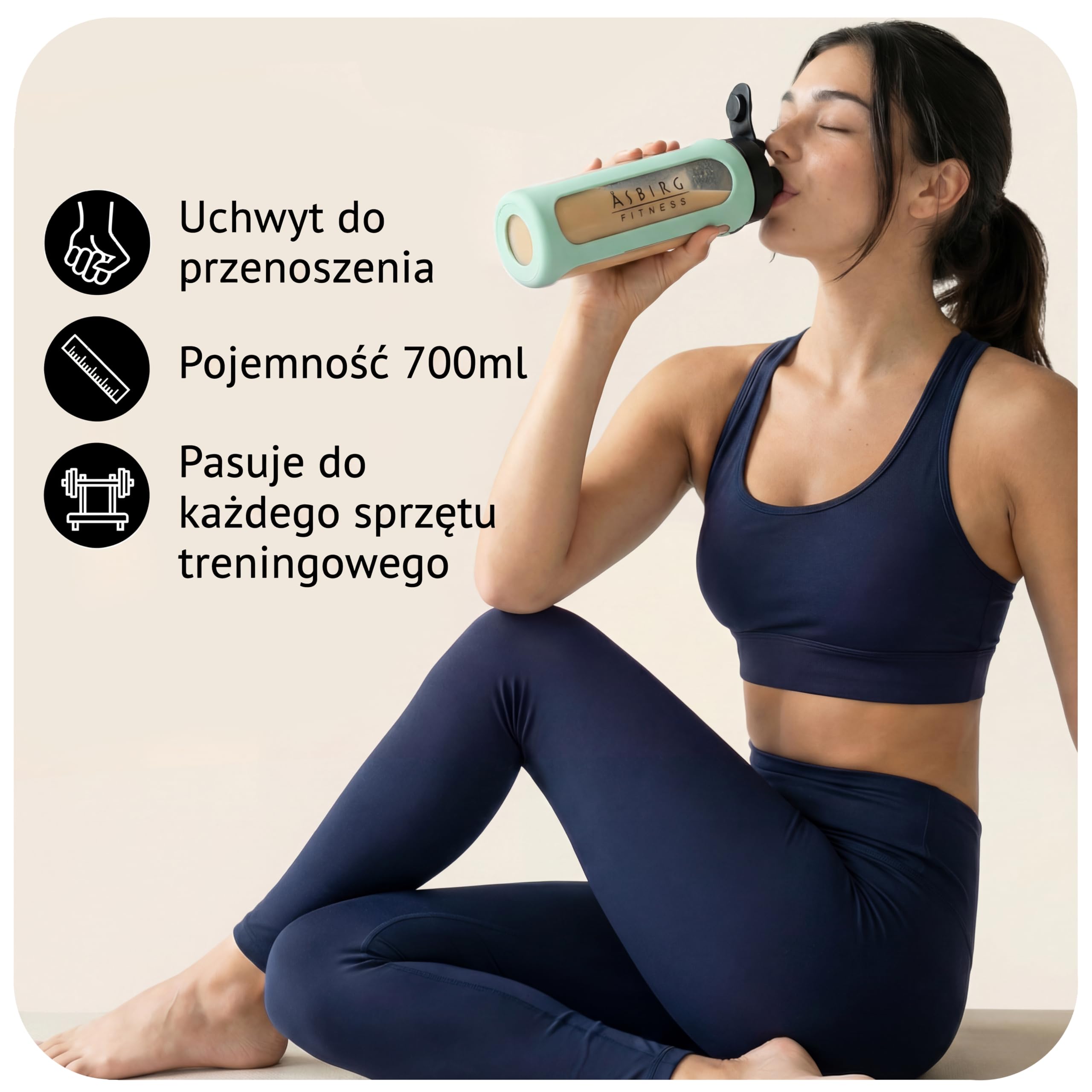 Fitness | Szklany shaker do białka 700 ml – butelka sportowa z silikonową osłonką, szczelna pokrywka i kulka miksująca ze stali nierdzewnej | Pastelowa Zieleń
