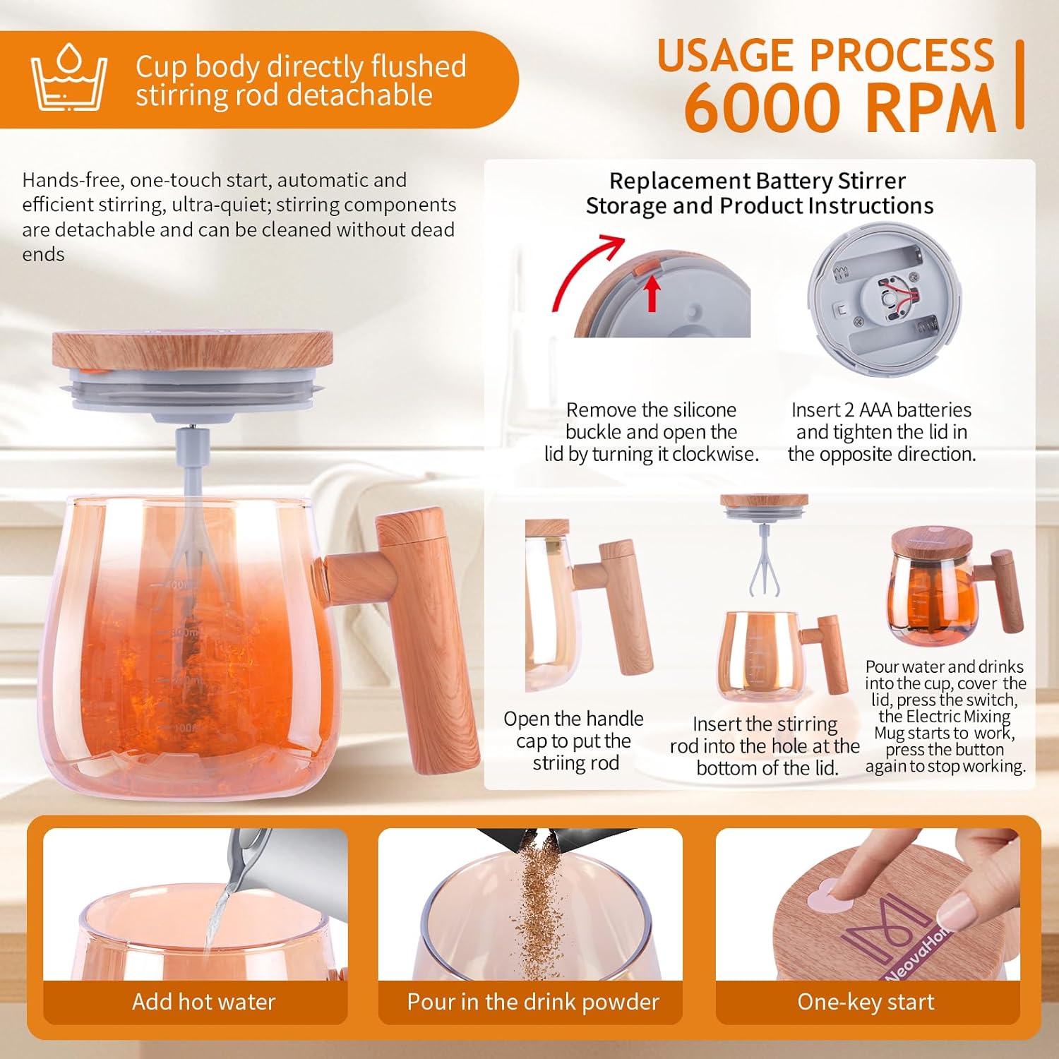 Self Stirring Coffee Mug, 400ml 6000 RPM Electric Mixer Cup, Heat-Protection Glass Coffee Blender with Lid, 48 dB , for Home/Office, Creative Gift (Champagne gold glass  light wood grain handle)