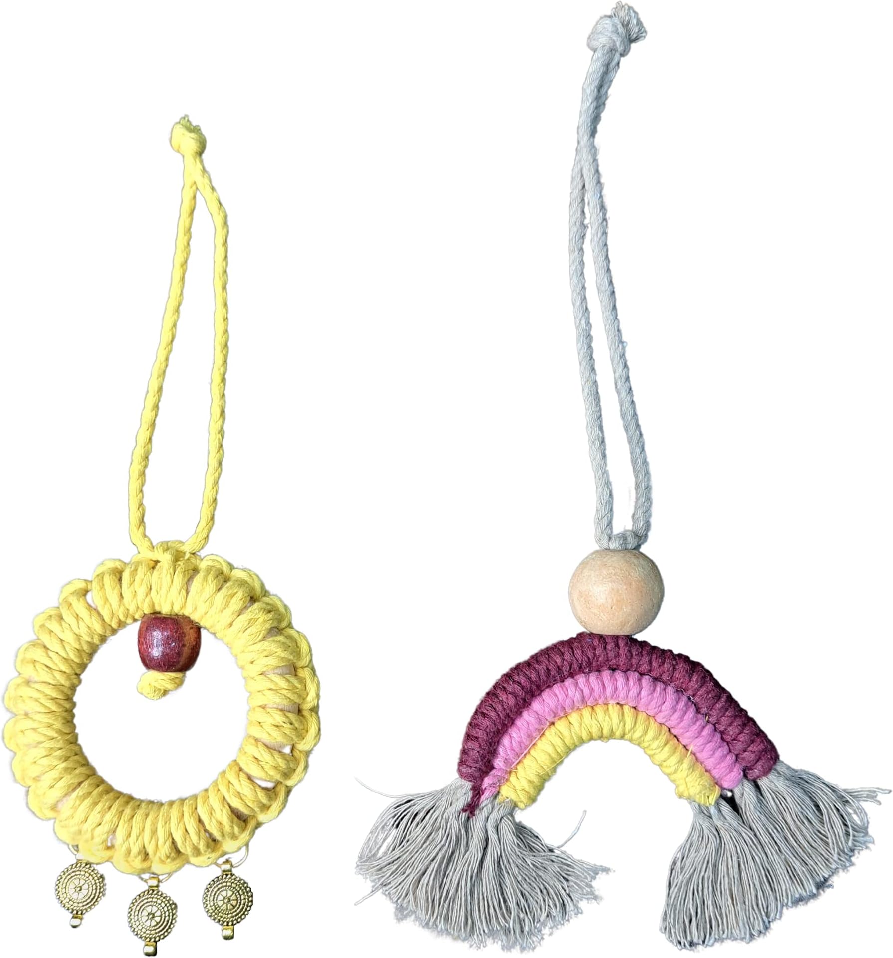 Fabjute Handcrafted Macrame Bohemian Style Classy Car Charms/Rear View Mirror Accessories/Decor Gifts/Oil Scent Diffuser (Set of 2) (Rainbow)
