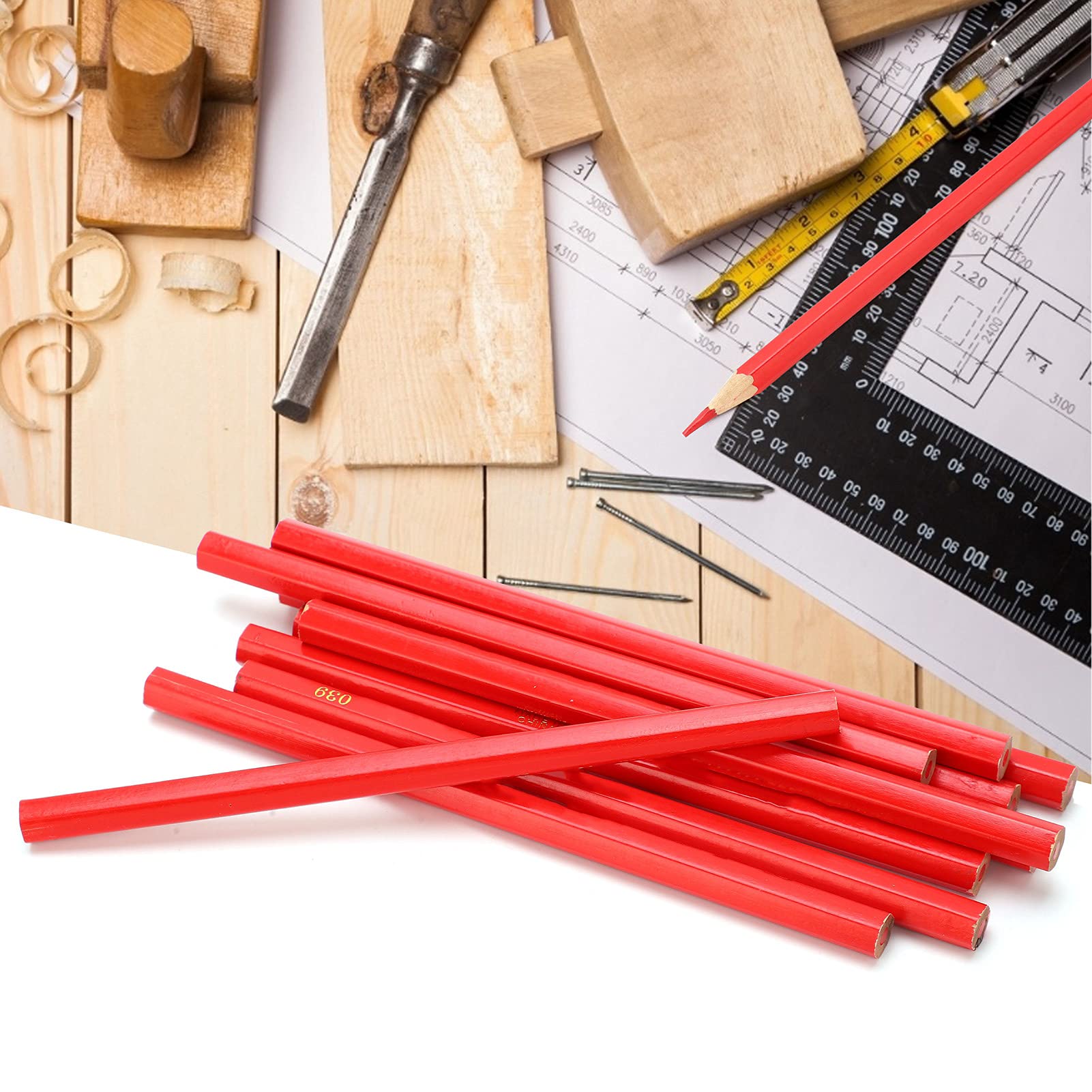 Zimmermannsbleistift-Set – 5 Bleistifte + 60 Minen, Mit Integriertem Spitzer, Für Holzbearbeitung