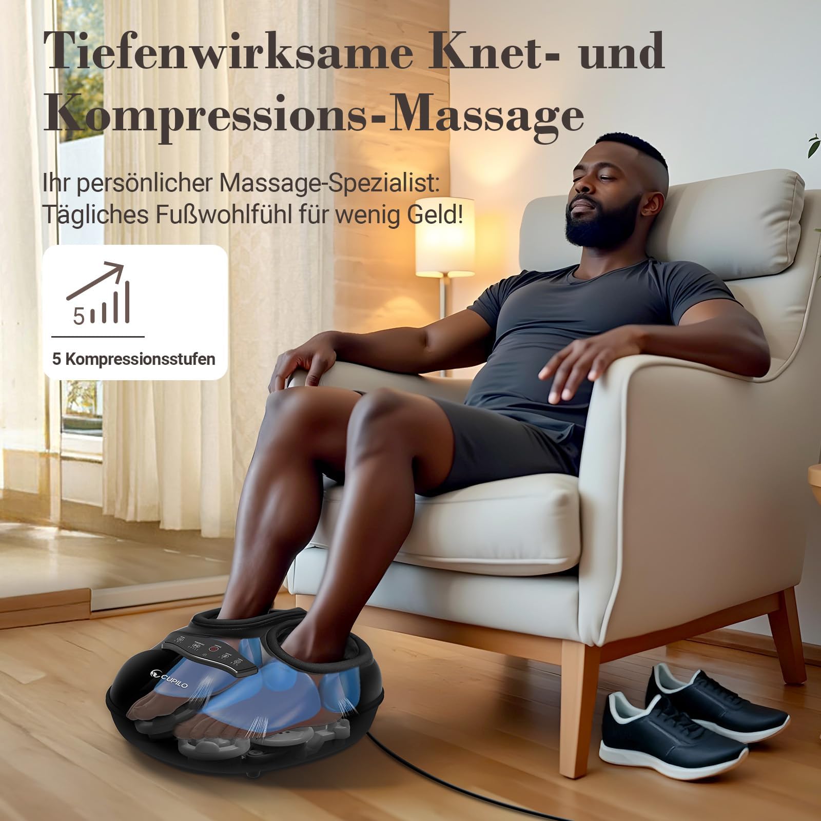 CuPiLo Fußmassagegerät mit Wärmefunktion und Fernbedienung – Shiatsu-Fußmassagegerät bei Plantarfasziitis und Neuropathie, 5 Kompressionsstufen, Geschenk für Frauen und Mütter, Größe EU 47