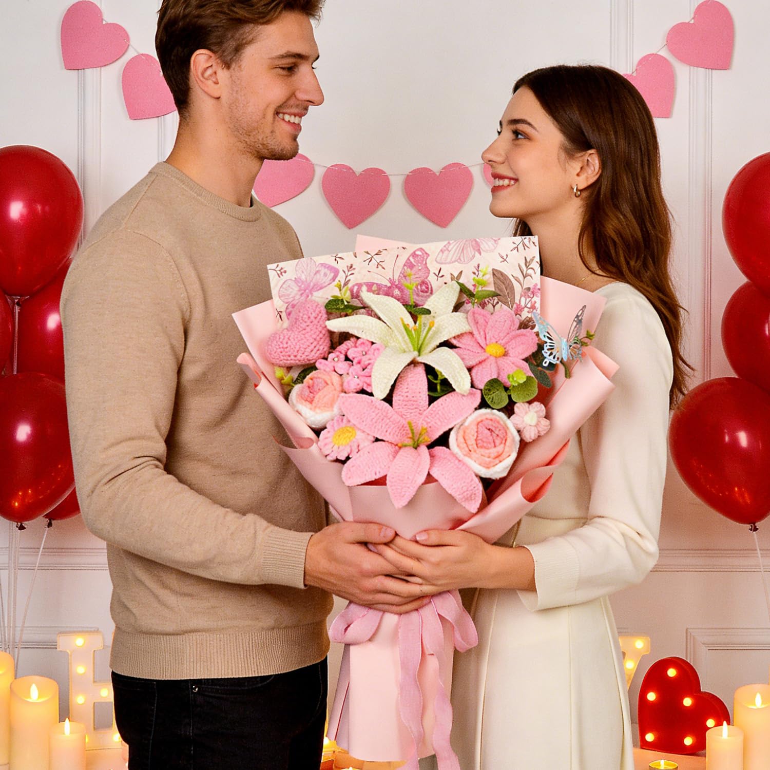 Blumenstrauß Gehäkelt, Lilie Rose Herz Blumen, Rosa