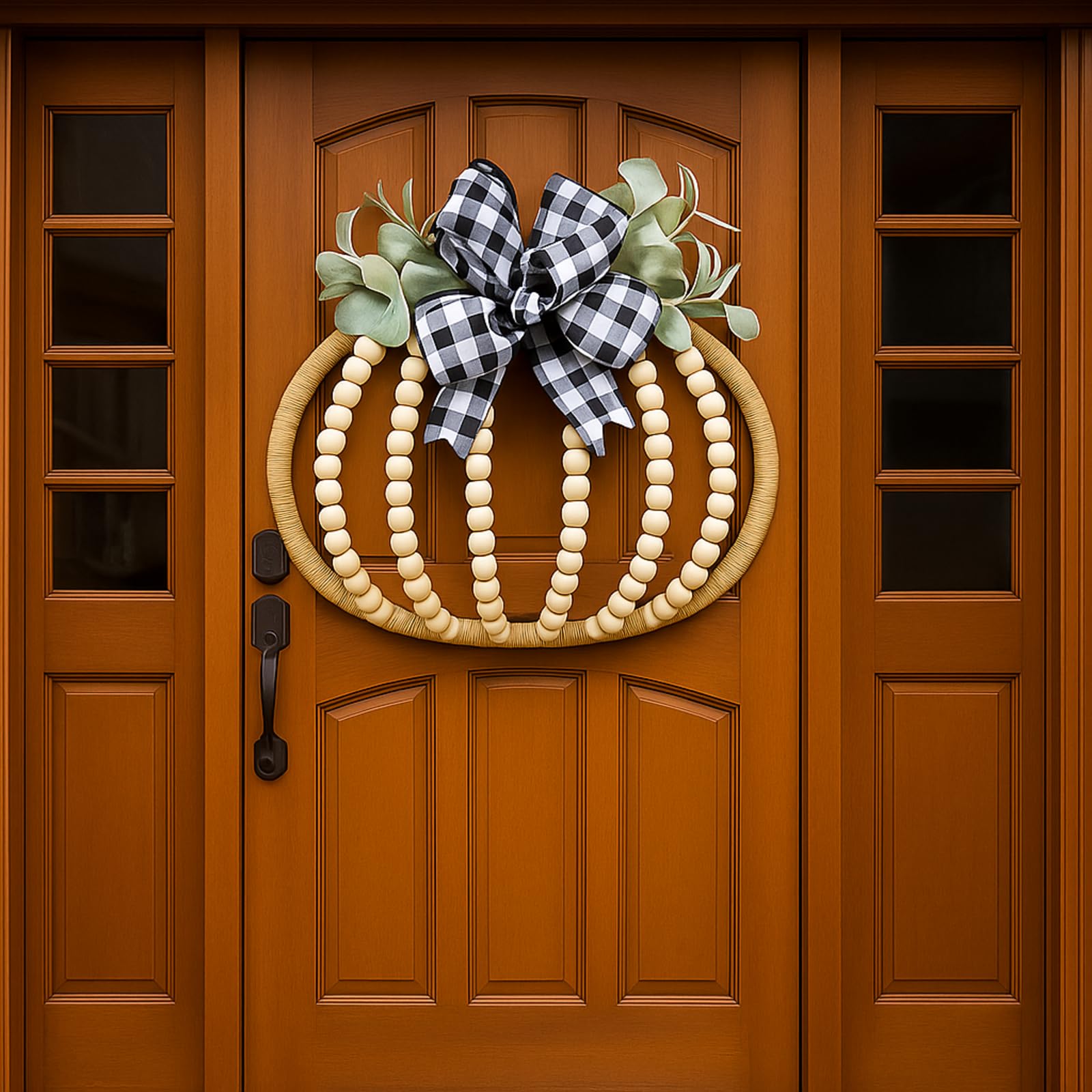 Leinuosen Couronne de perles en bois d'automne de 40,6 cm, couronne de citrouille avec nœud et feuilles en bois naturel bohème à suspendre pour porte, mur, décoration de Thanksgiving pour maison