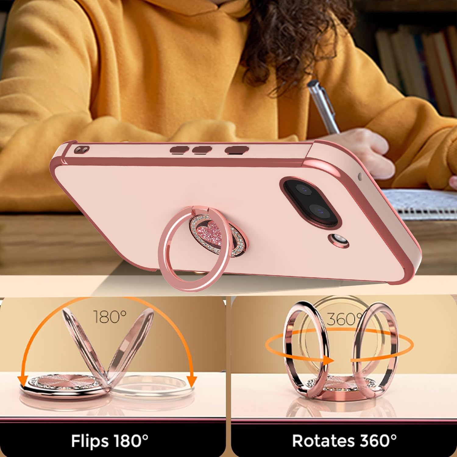 Handyhülle Für Google Pixel 9A Mit Ringständer & Abnehmbarem Band – Stoßfest, Rosa, Mit Herz-Muster