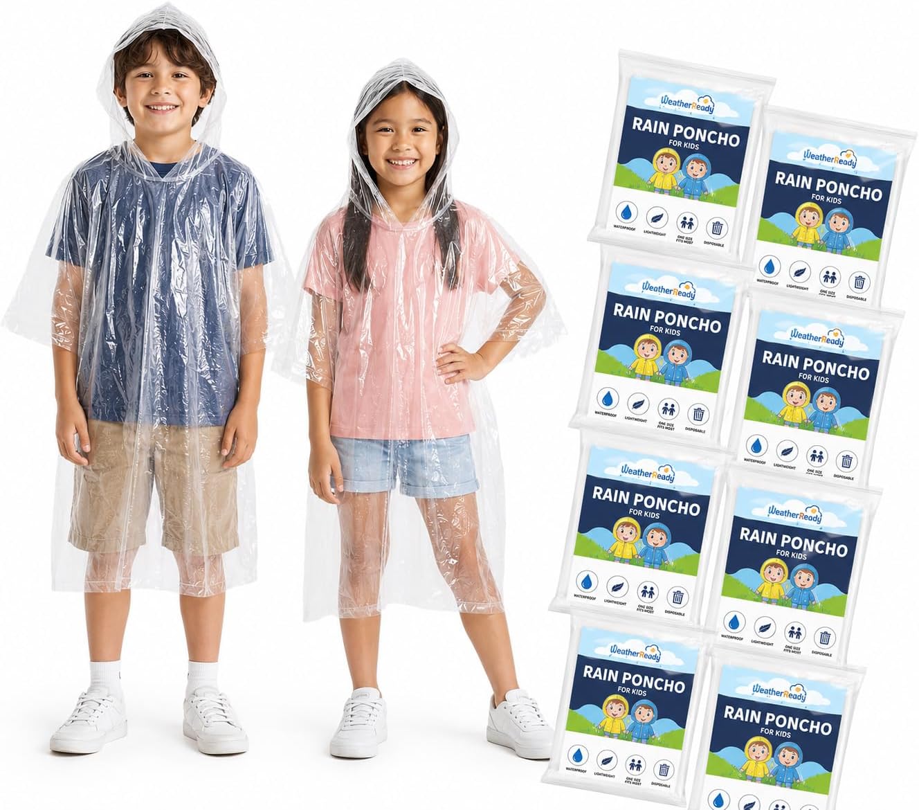 Juvale Kids Poncho - 10-Pack, One Size, Clear - Plastic Disposable Rain Ponchos for Kids with Hood - Bulk Emergency Rain Cover for Children