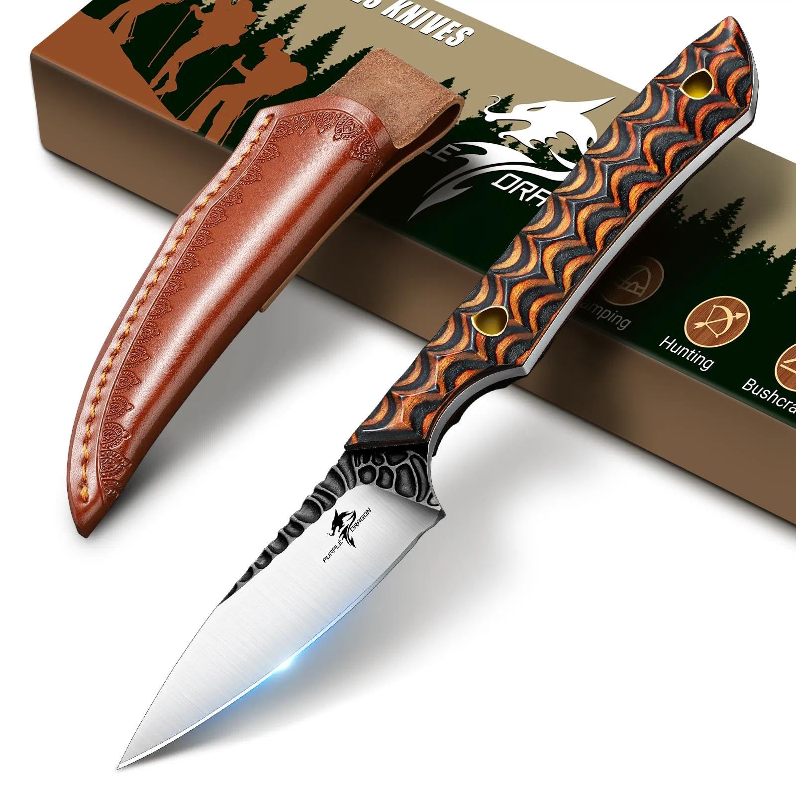 Purple Dragon D2 Steel Small Fixed Blade Knife with Leather Sheath