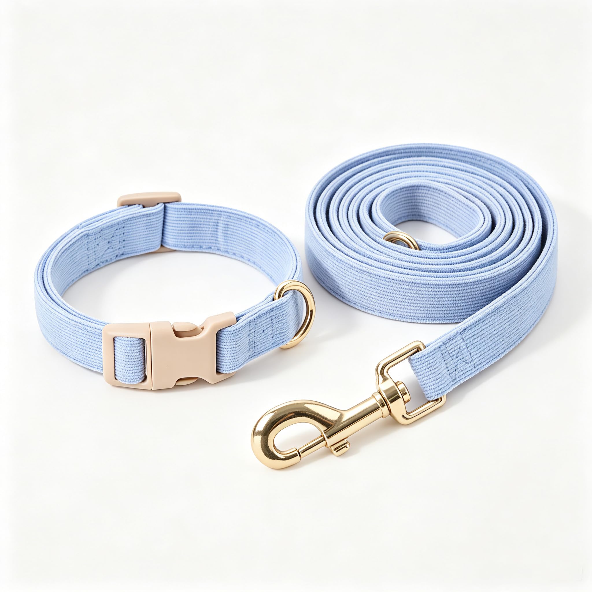 YUDOTE SkyBlue Corduroy Dog Collar & Leash Set Plastic Buckle Metal Clip L