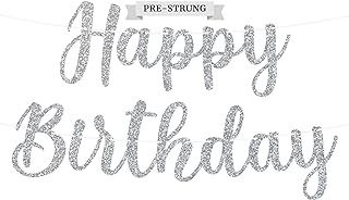 Pre-Strung Happy Birthday Banner - NO DIY - Silver Happy Birthday Banner For Men & Women - Pre-Strung Script Garland on 6 ft Strands - Glitter Birthday Party Decorations & Decor. Did we mention no DIY?