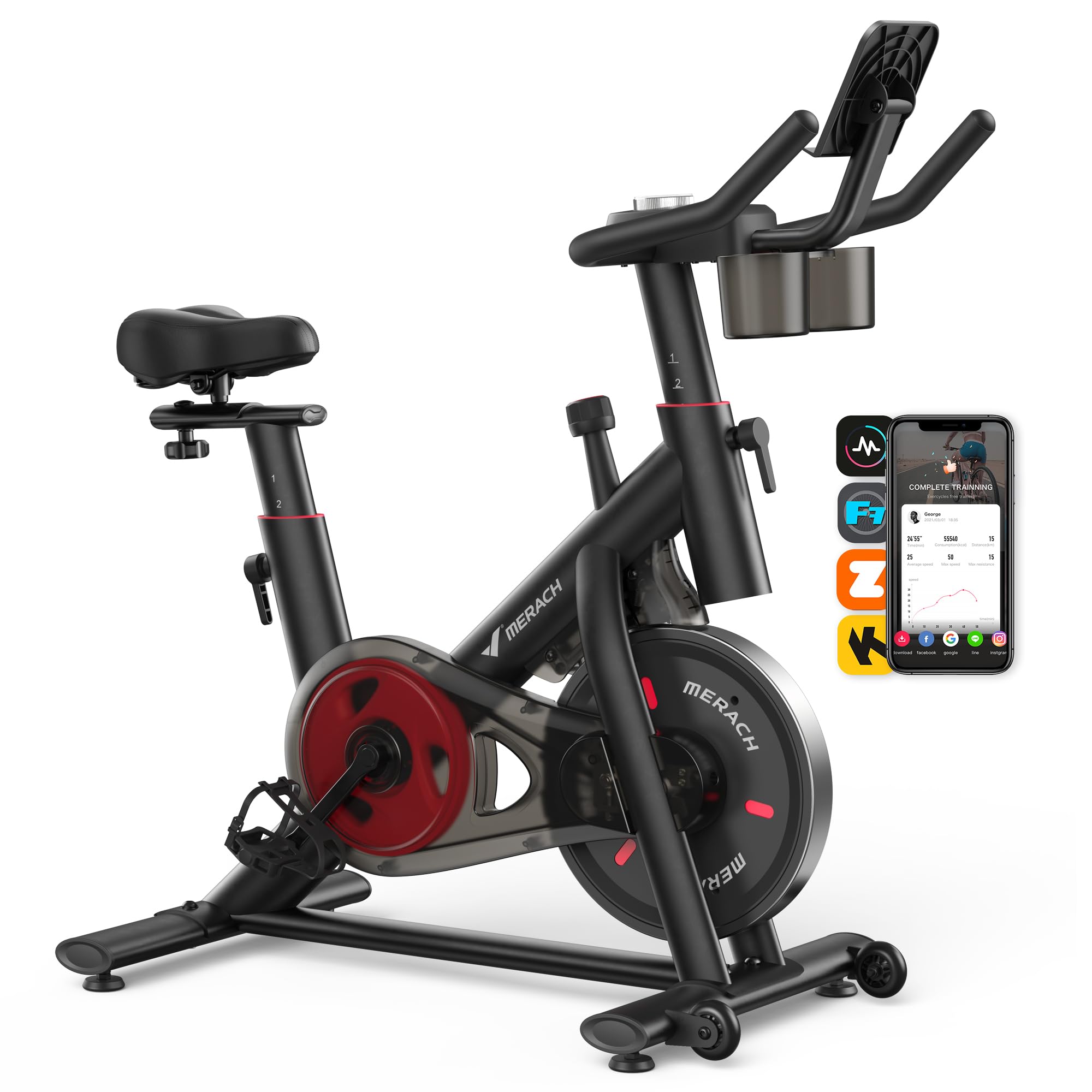 MERACH Heimtrainer Fahrrad mit Verstellbarem Widerstand, Leises Hometrainer Fahrrad mit Verbessertem LED-Monitor, Tablet-Halter, Indoor Cycling Bike für Kardiotraining zu Hause, Eigener App, Bis 136KG