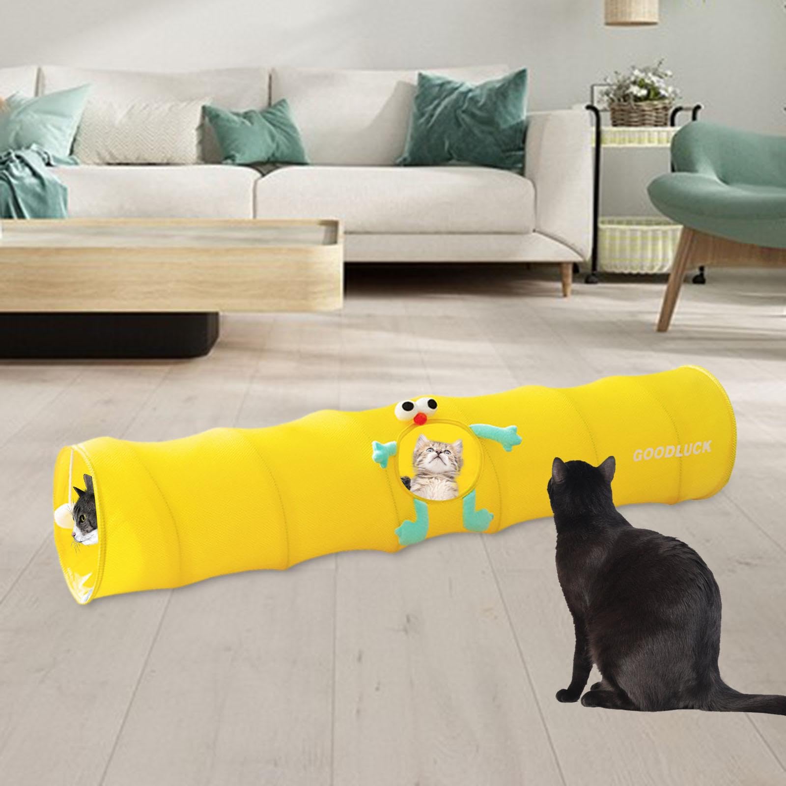 Tunnel pour Chat Tunnel de Jeu Animaux Jouet Chaton Interactif avec Boule Suspendue Conçu en Tissu Pliable Respirant Idéal pour Lapins Chiots Hamsters, Jaune S
