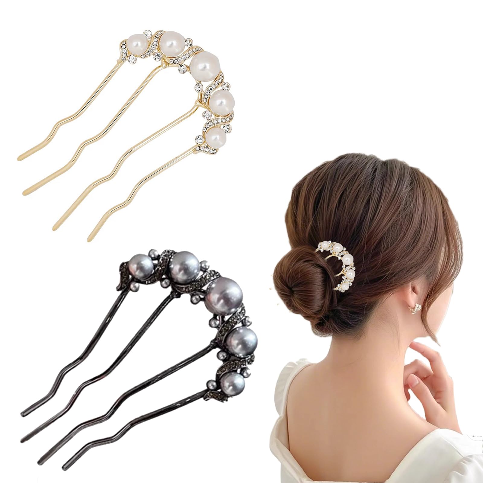 YANHUILAY パール ヘアコーム【2個セット】夜会巻きコーム パール 髪飾り 夜会巻き ヘアアクセサリー まとめ髪 髪留め 盛り髪 お団子 簡単 和装 普段使い 結婚式 パーティー 成人式 卒業式 入学式 浴衣 着物 レディース (C)