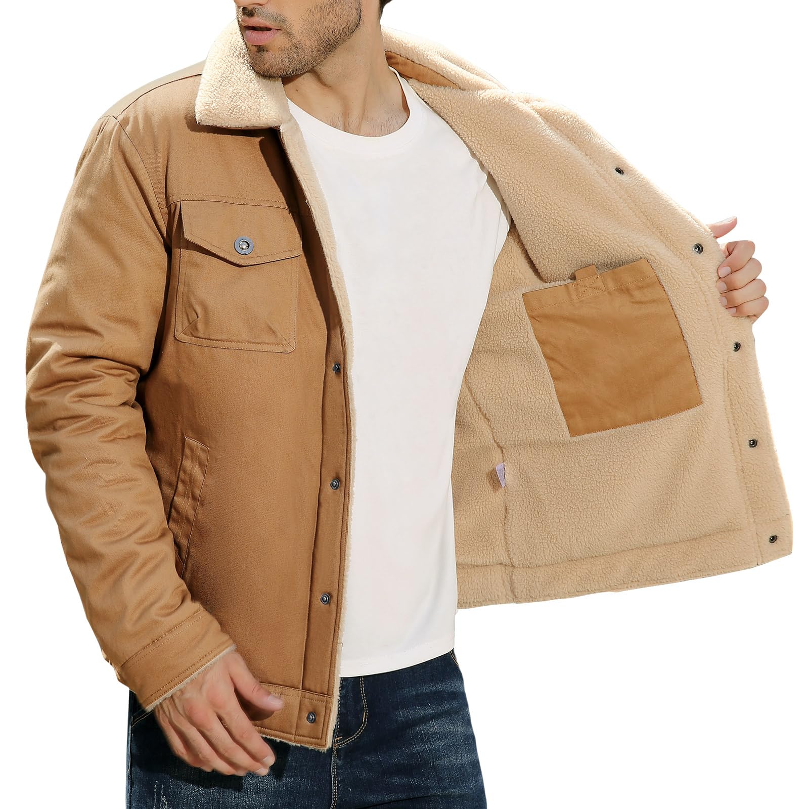 Chaqueta de invierno para hombre, de algodón térmico grueso, con forro polar cálido, chaqueta de sherpa, chaqueta de camionero con solapa, chaqueta cargo para el trabajo
