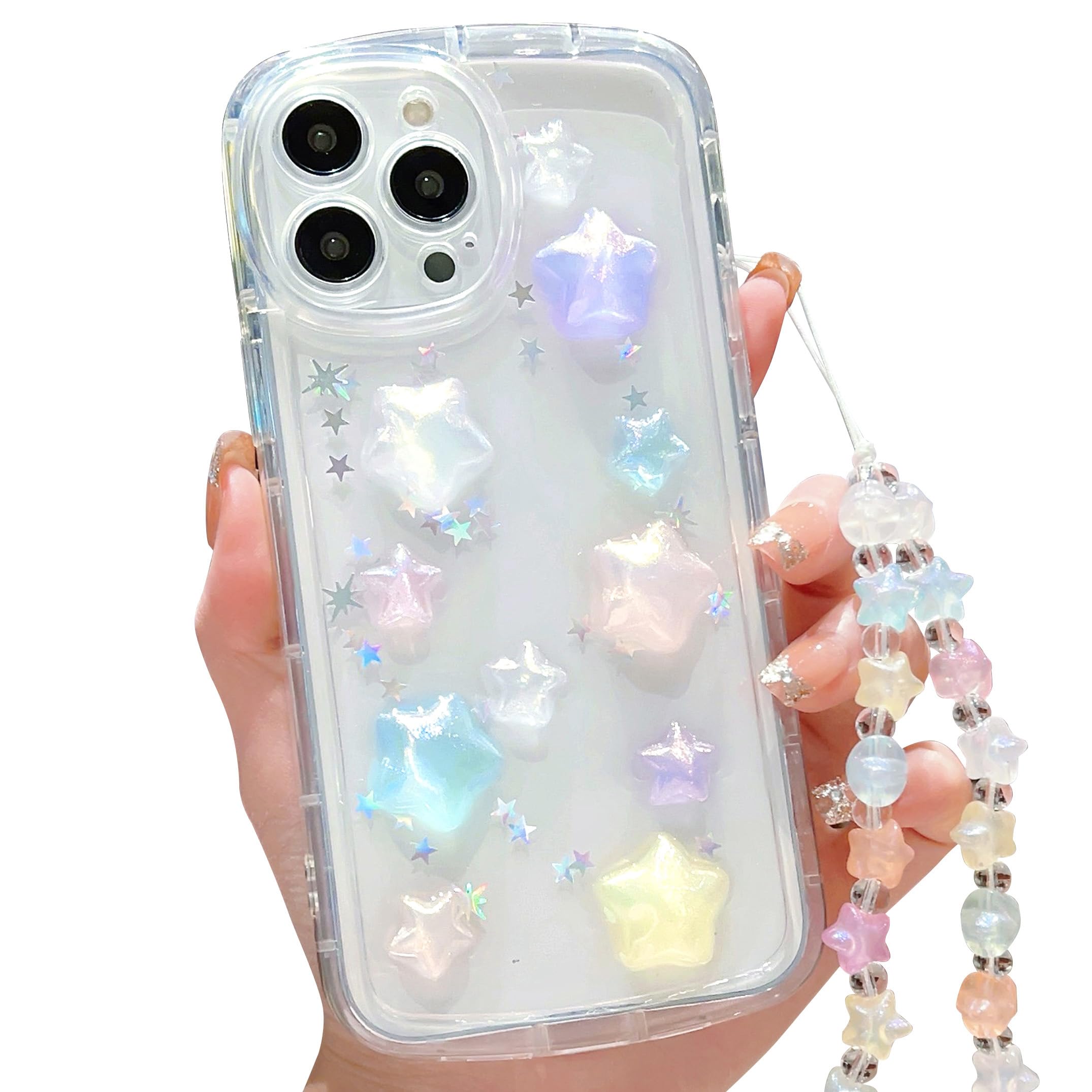 ZSYTZL Compatible with iPhone 15 Pro Max Case Clear Cute 3D Five Pointed Colorful Sparkling Stars with Bracelet Chain Design for Girls Women Kawaii
