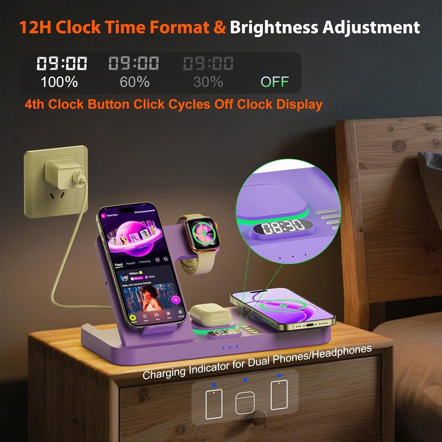 Dual Phone Magnetic Wireless Charging Station for Apple Ecosystem, Wireless Charging Station for Apple Devices with Auto Switch 7-Color Light & Clock,for iPhone17,for iwatch10, for AirPods Pro3（Puple