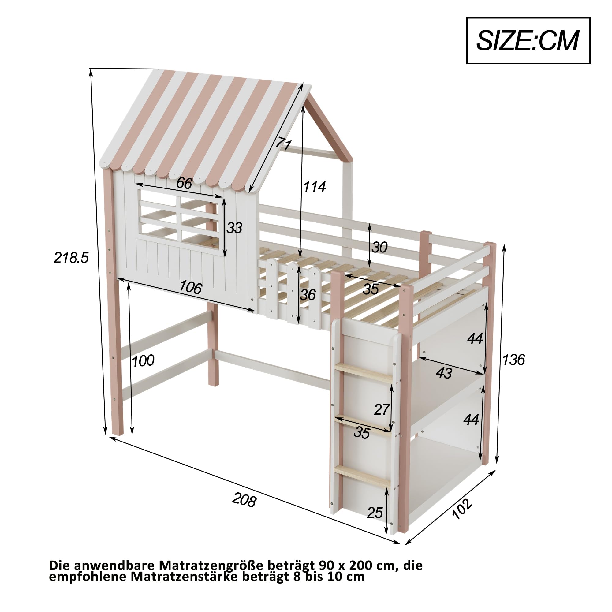 Merax Hochbett 90x200 cm, Kinderbett aus Massivholz mit Treppe, Hausbett Rausfallschutz mit Stauraum, für Jungen & Mädchen, Rosa (Ohne Matratze)