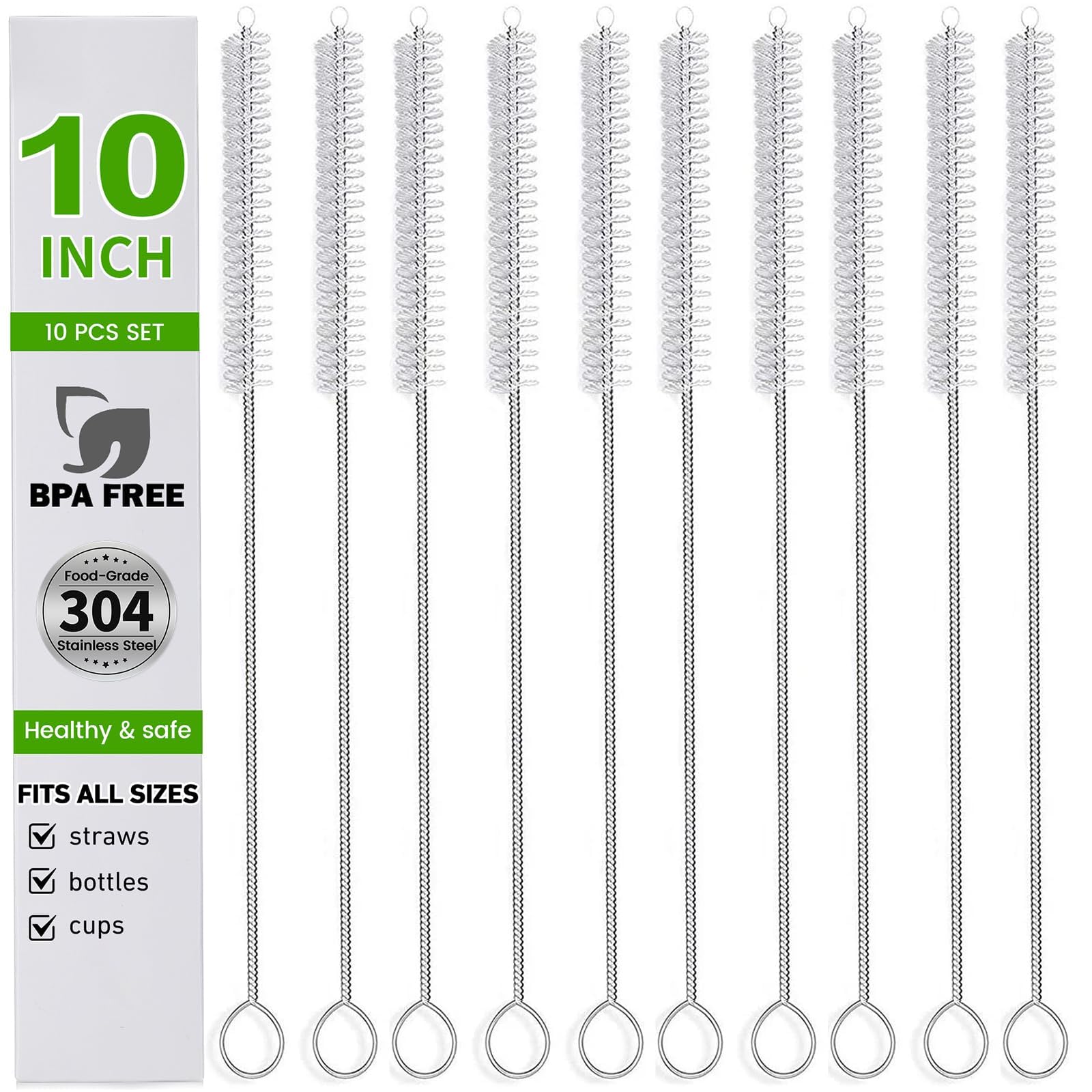Tidy Monster Straw Cleaner Brush Set, Stainless Steel Handle Straw Brush Set 10 Pack, Extra Long Straw Brush for Tumbler, Sippy Cup, Water Bottle and Tubes (10inch)