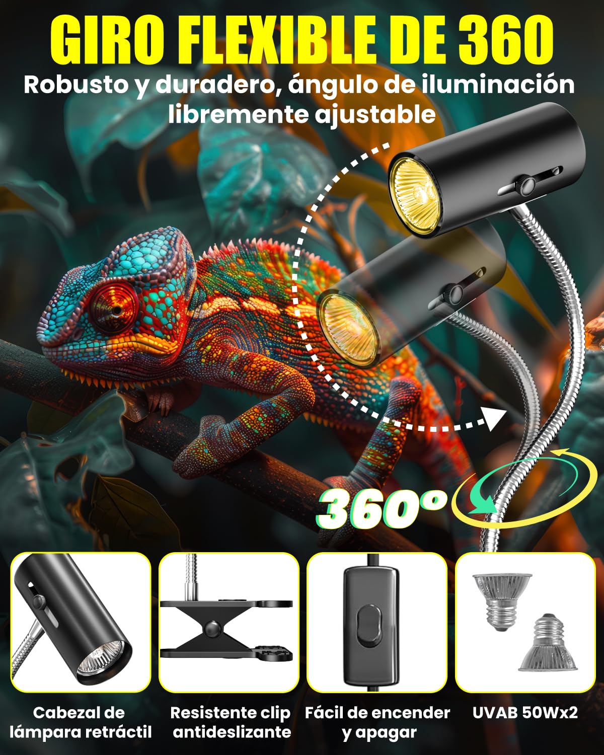 Terrario Reptiles Lámpara para Tortuga de Calor Lámpara para Terrario 50W UVA/UVB con Clip Ajustable E27 Portalámpara Base para Tortuga, Lagartos, Araña, Camaleon, Anfibios (2 Bombillas)