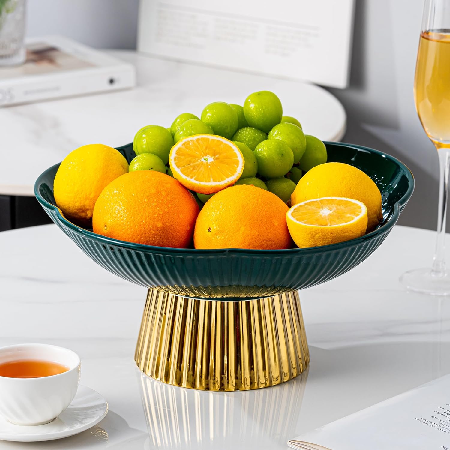Ceramic Fruit Bowl, 11 Inch Large Dinner and Tea Coffee Pedestal Tray,Elegant and Practical Bread and Fruit Footed Bowls for Kitchen Counter, Salad or Dessert Display Trays for Parties(Green).