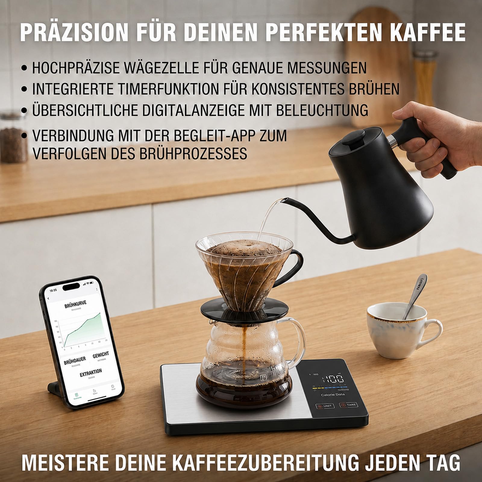 Smartvita Küchenwaage, Hochpräzise Ernährungswaage, Haushalts-Backen, Küchenwaage, Edelstahl, Smart Kaffeewaage