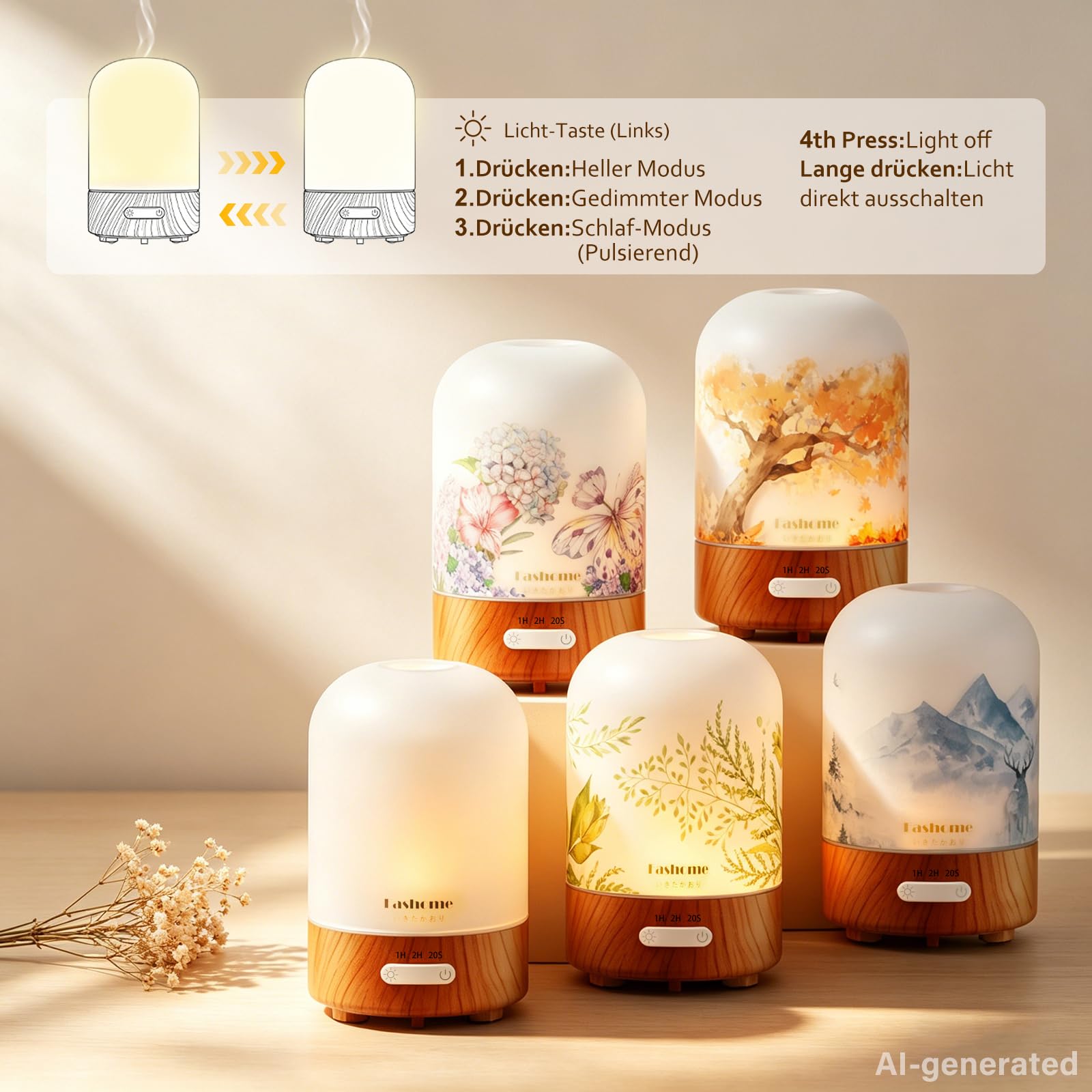 Aroma Diffuser 100ml Glas handgefertigt, Sommer-Edition Jasmin, Inkl. 10ml Jasmin-Öl, Ultraschall Diffusor für ätherische Öle, Leise Luftbefeuchter Warmlicht & Abschaltautomatik, Geschenk-Set