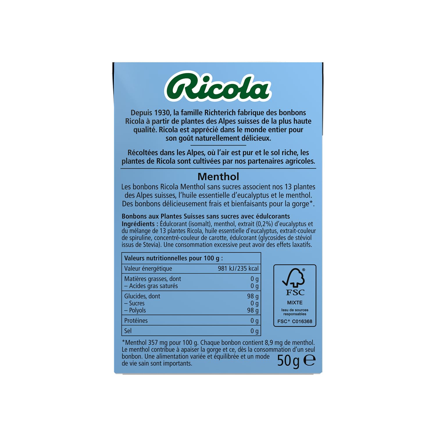 Ricola - 20 Packungen à 50 g – Bonbons mit Schweizer Pflanzen – Mentholduft – wohltuend und extra frisch – ohne Zucker