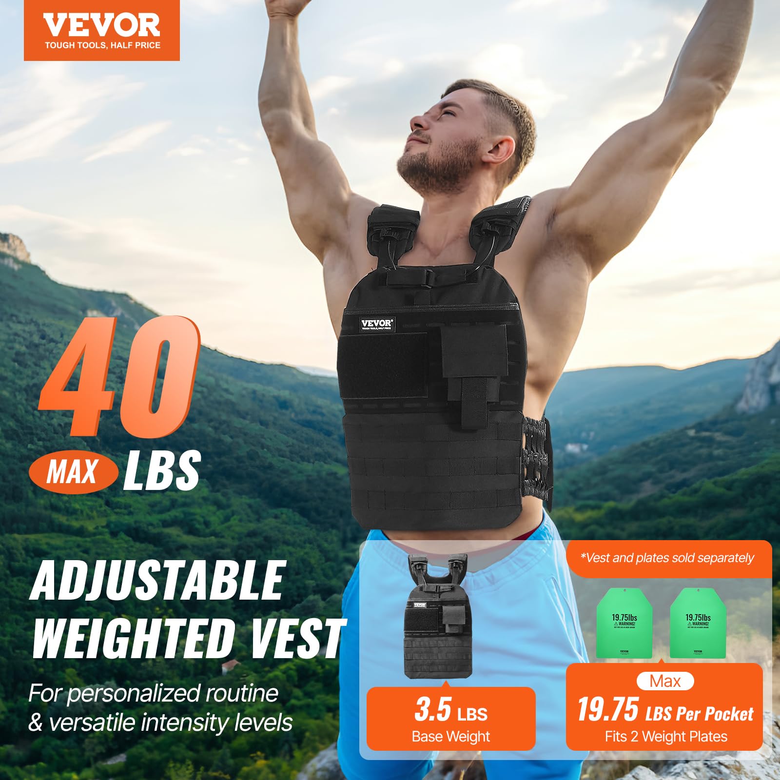 VEVOR Verstellbare Gewichtsweste, 5-9 kg/9-14,5 kg/15,9 kg/18,1 kg Gewichtsweste mit 6 Eisensand-Gewichten und reflektierenden Streifen, Trainingsgeräte für Krafttraining, Laufen, Joggen