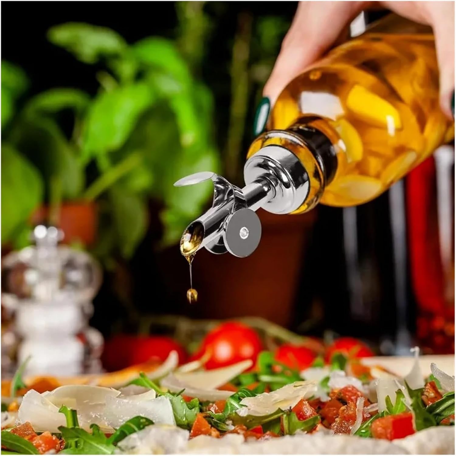 4 Pcs Stainless Steel Bottle Pourers,Self Closing Olive Oil Dispenser Spout,Auto Flip Feature Liquor Pour Spouts Silver