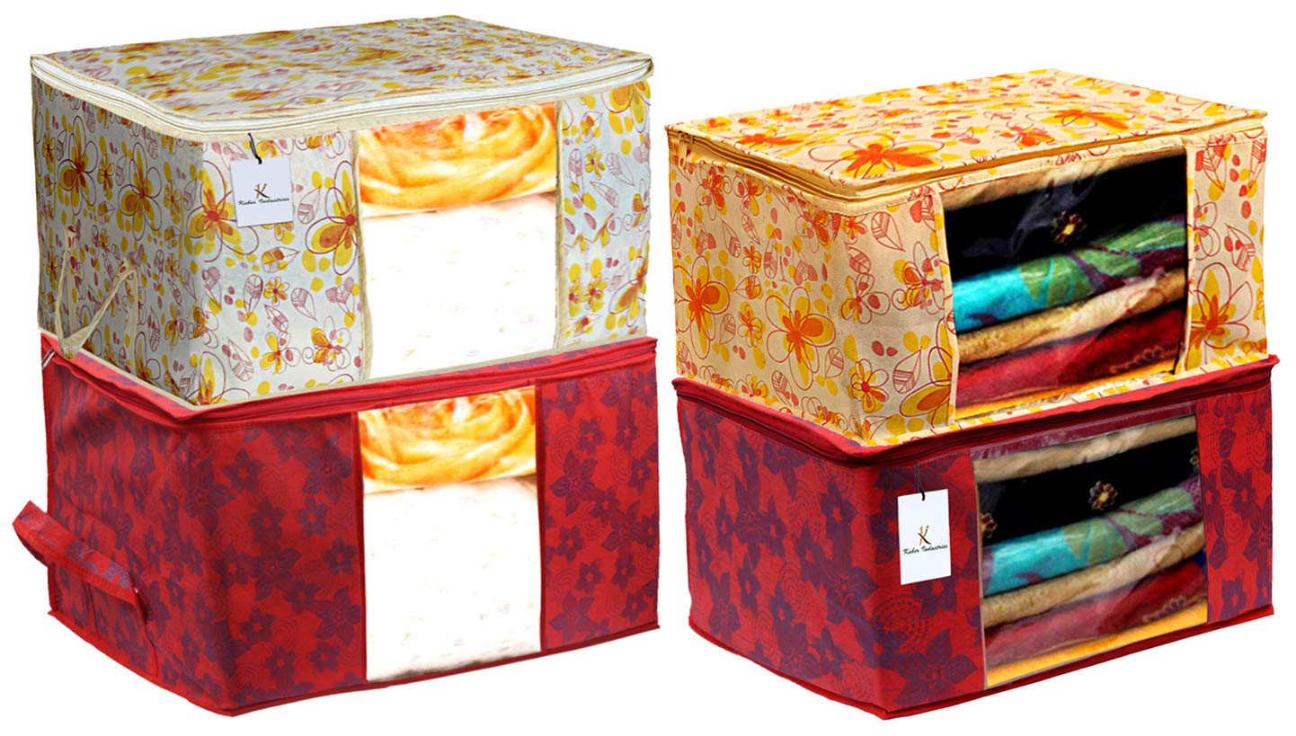 Kuber Industries Metalic Printed 2 Piece Non Woven Saree Cover and 2 Pieces Underbed Storage Bag, Storage Organiser, Blanket Cover, Ivory Red & Red -CTKTC42374