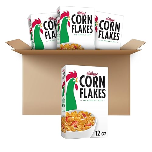 Kelloggs Maíz Flakes Cereales de desayuno frío 8 vitaminas y minerales aperitivos saludables tamaño familiar original 4 cajas