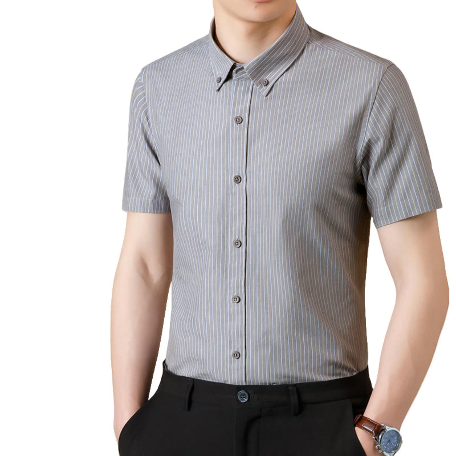 Camisa de manga corta para hombre, de verano, a rayas, elástica, estilo japonés, fácil de cuidar