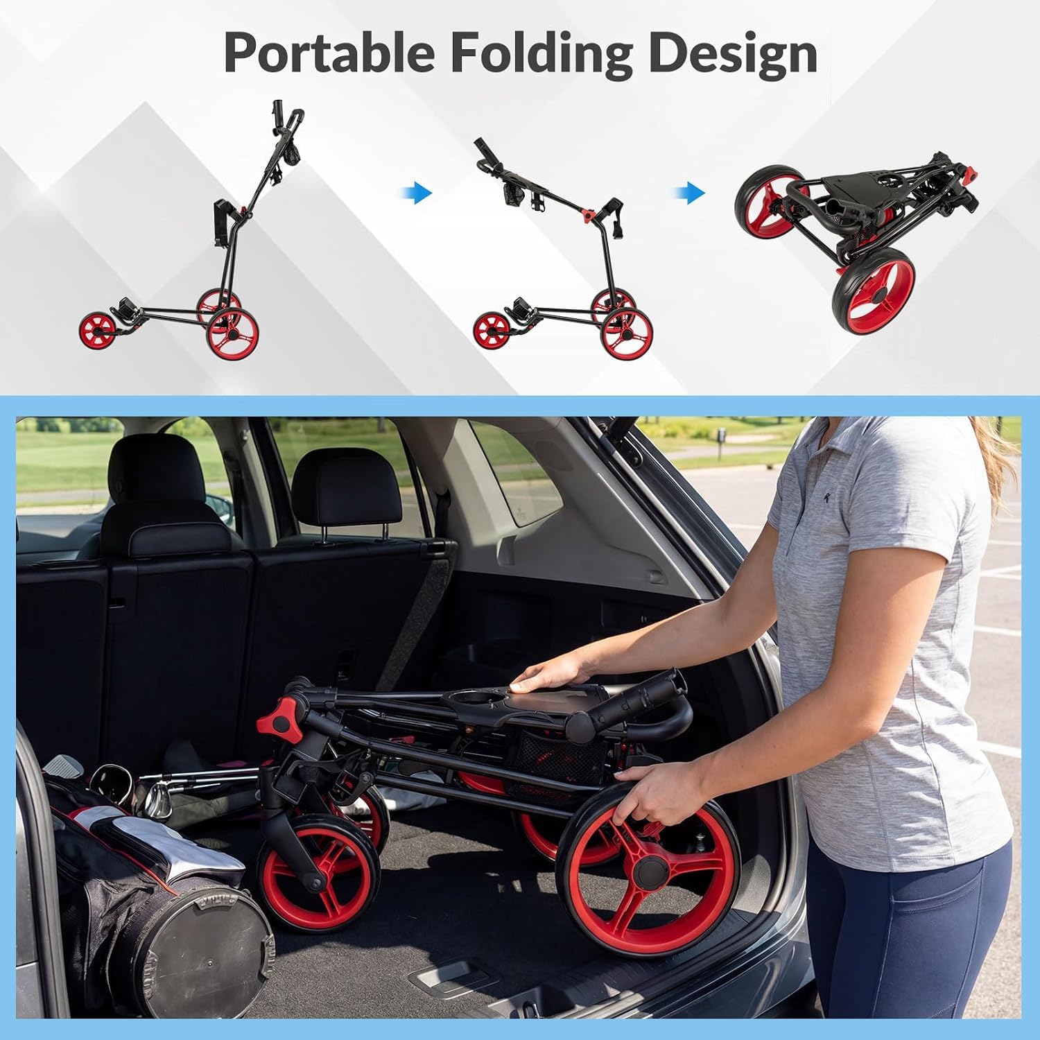 Faltbarer Golf Push Cart, Leichter 3-Rad-Golfwagen mit Fußbremse, höhenverstellbarem Griff, Getränkehalter und Aufbewahrungstasche - Robusto & Kompakt