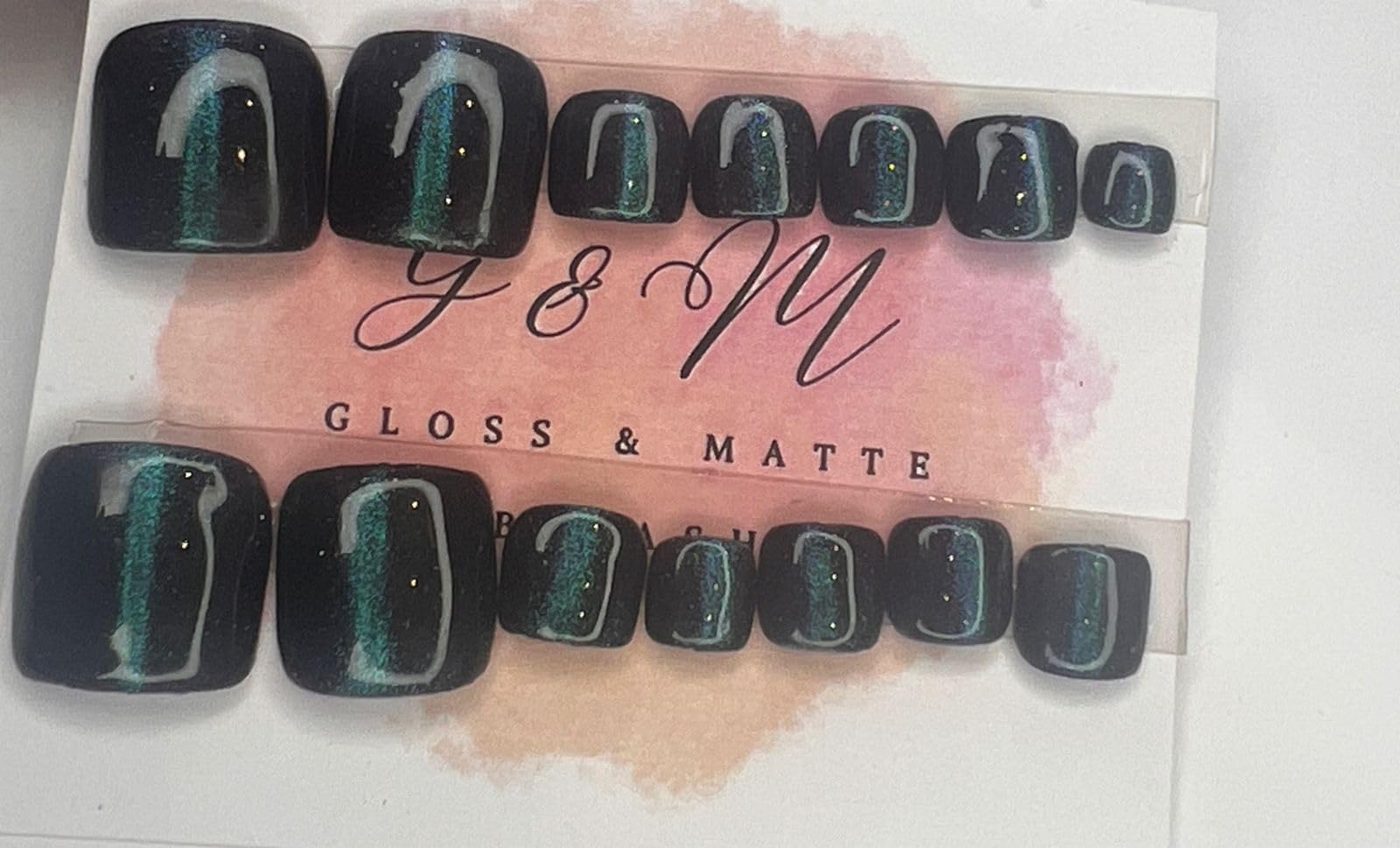 Gloss & Matte Artificial Nails - Handmade Press-on with Feet Cats Eye Effect Pack of 14 Almond Shape | Reusable, Pre-Designed | Perfect Decorative Fake Nails for Women & Girls | Press-On Nail Tips glue Green eye-image-6