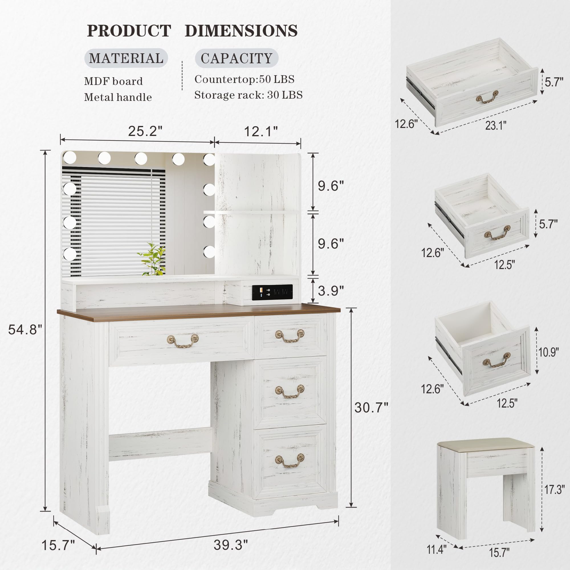 Lareth Farmhouse Vanity Desk with Lighted Mirror & Power Outlet, 39 inch Rustic Makeup Vanity Table with Drawers and Stool, Hollywood Mirror with 3-Color Lights, White Dressing Table for Women Girls