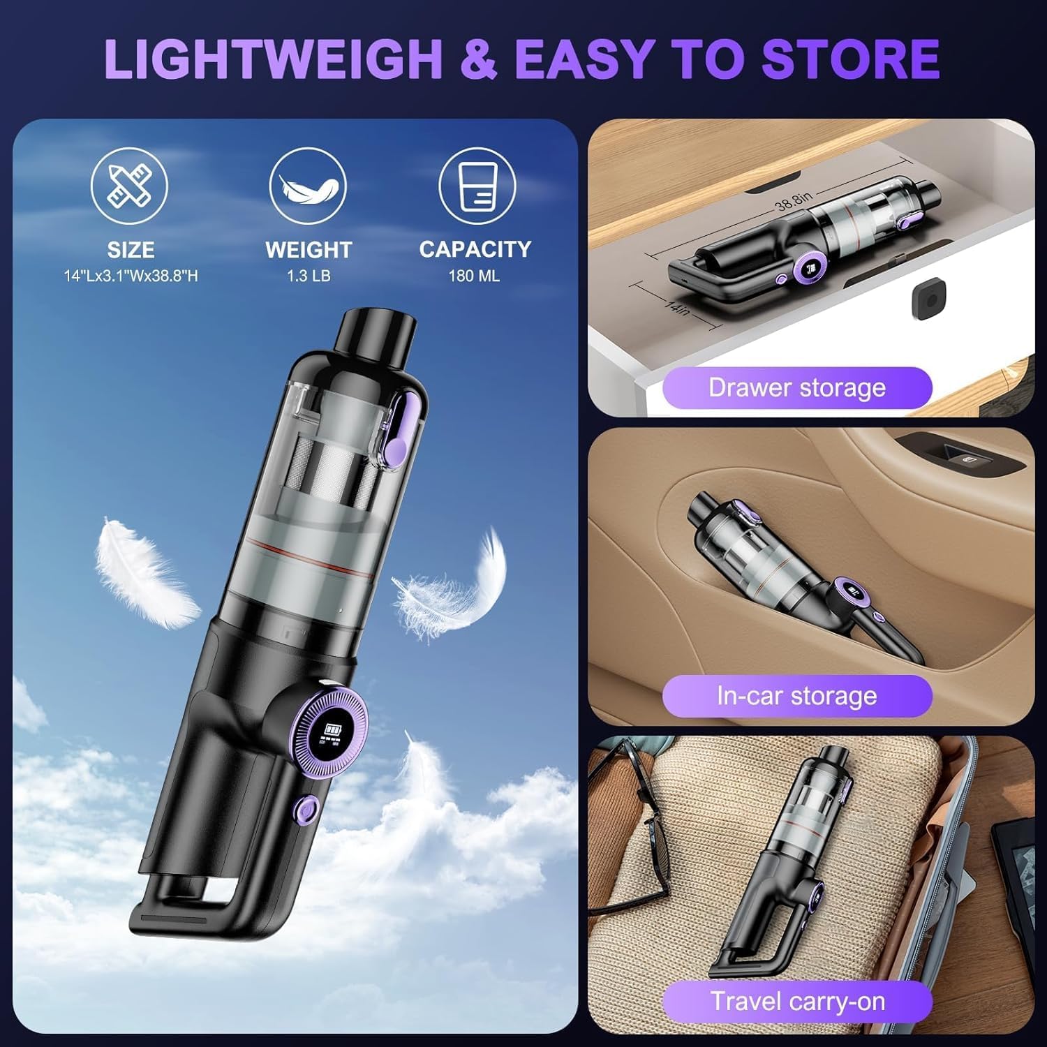 AHNR Handheld Car Vacuum Cordless Cleaner, 20000PA Powerful Suction Portable Hand Held Vacuum Cleaner with 2-Gear Mode, Brushless Motor, HD Display & LED Light