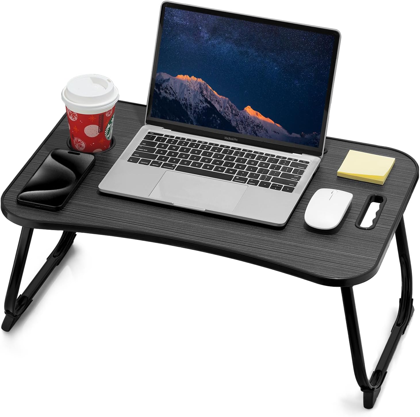 - ZEAPTAC Laptop Bed Desk, Foldable Lap Desk, Portable Lap Table, Laptop Stand with Cup Holder & Tablet Slot & Lifting Handle for Working Writing Drawing & Eating - Black