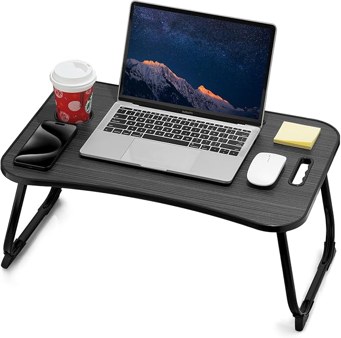 ZEAPTAC Escritorio de cama para laptop, mesa de regazo plegable, mesa de estudio portĂĄtil, soporte para laptop con soporte para tazas, ranura para tableta y asa de elevaciĂłn para trabajar, escribir,