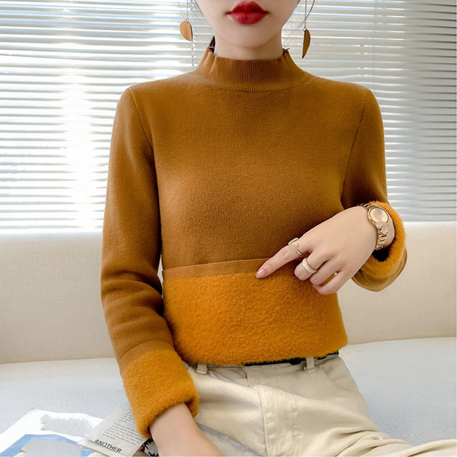 Suéter De Invierno Para Mujer - Suéter De Lana De Medio Cuello Alto Para Mujer De Invierno Moda Delgado Forrado De Punto Casual Grueso Jersey De Manga Larga Suave Cálido Forrado De Vellón Color