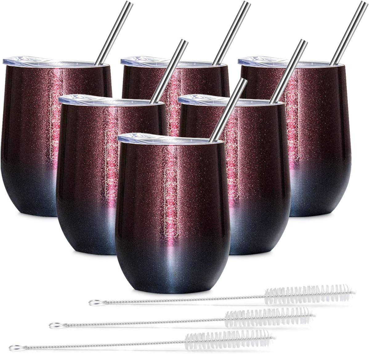 12 Oz Stemless Stainless Steel Wine Glass Tumbler with Lid, Fungun 6 Pack Wine Tumbler with Straw Double Wall Vacuum Insulated Travel Tumbler Cup for Wine, Coffee, Champagne, Cocktails