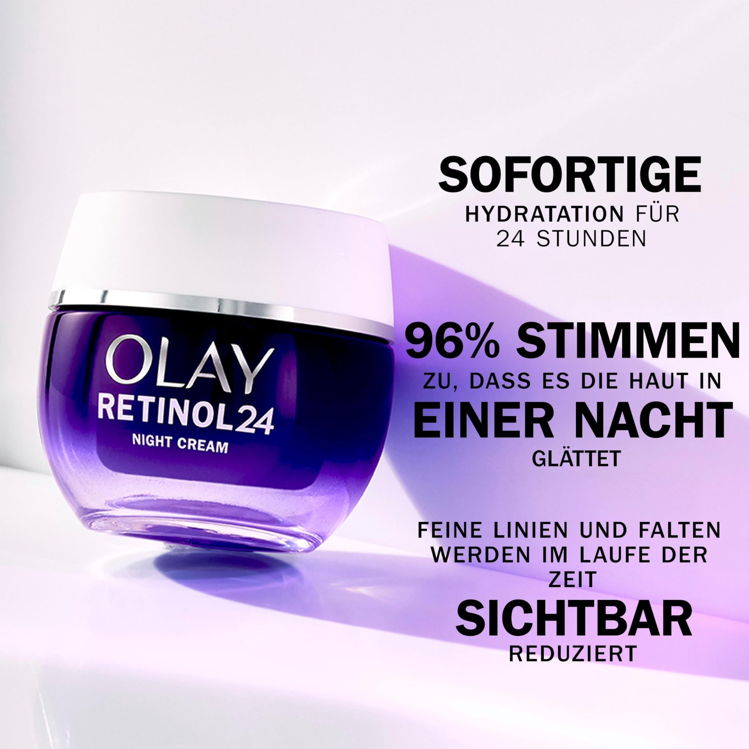 Olay Retinol 24 Nachtcreme Feuchtigkeitscreme fürs Gesicht, Hautpflege mit Antioxidativem Vitamin E, Übernacht Anti-Aging Pflege: glättet, erneuert und spendet Feuchtigkeit, 50ml