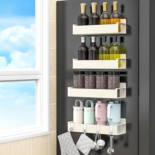 4 Pack Magnetic Spice Rack Organizer for Refrigerator and Oven, Cream White Fridge Organizers and Storage for Kitchen