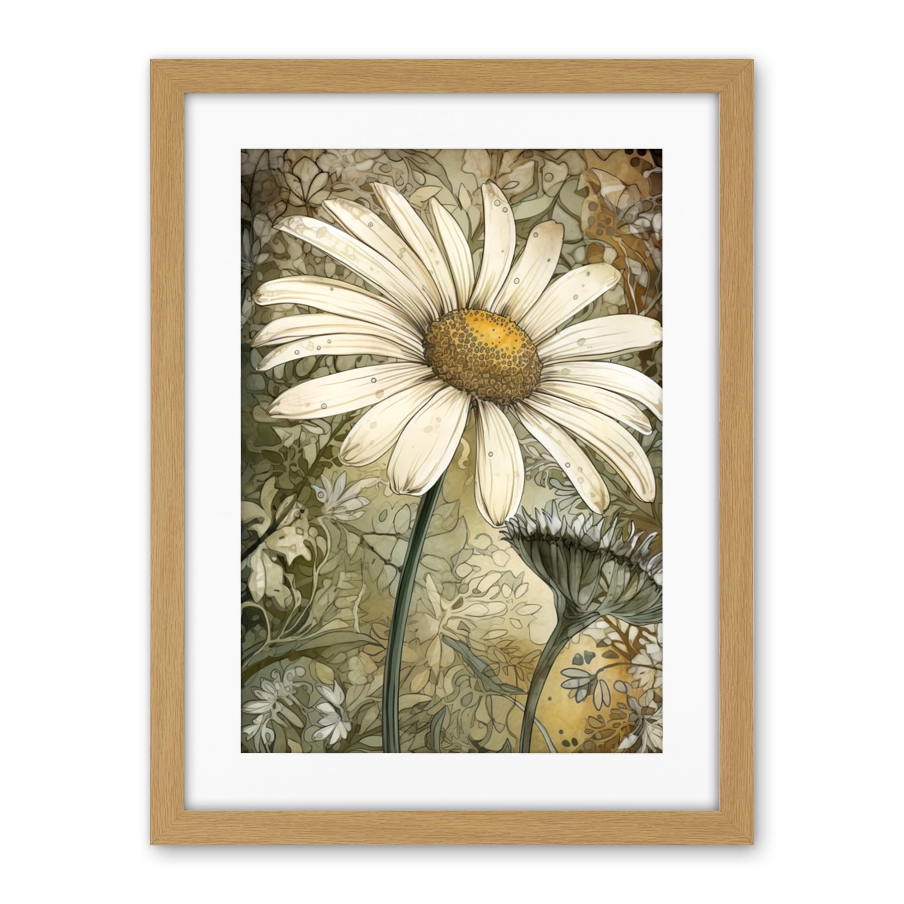 Artery8 Pastel Watercolour Daisy Flower Bloom Illustration Artwork Framed Wall Art Print 18X24 Inch