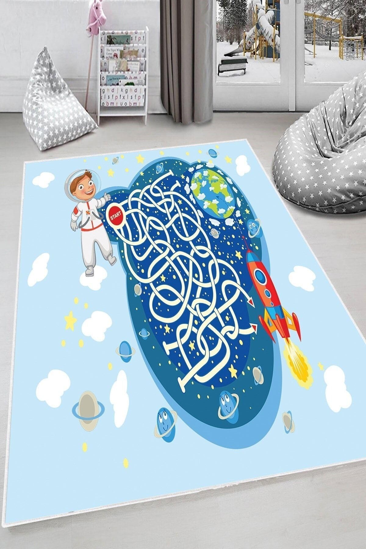Pelangi Mavi Astronot Uzay Yolu Yıkanabilir Kaymaz Taban Leke Tutmazbebek Ve Çocuk Odası Halısı, Mavi-Lacivert 120 x 180