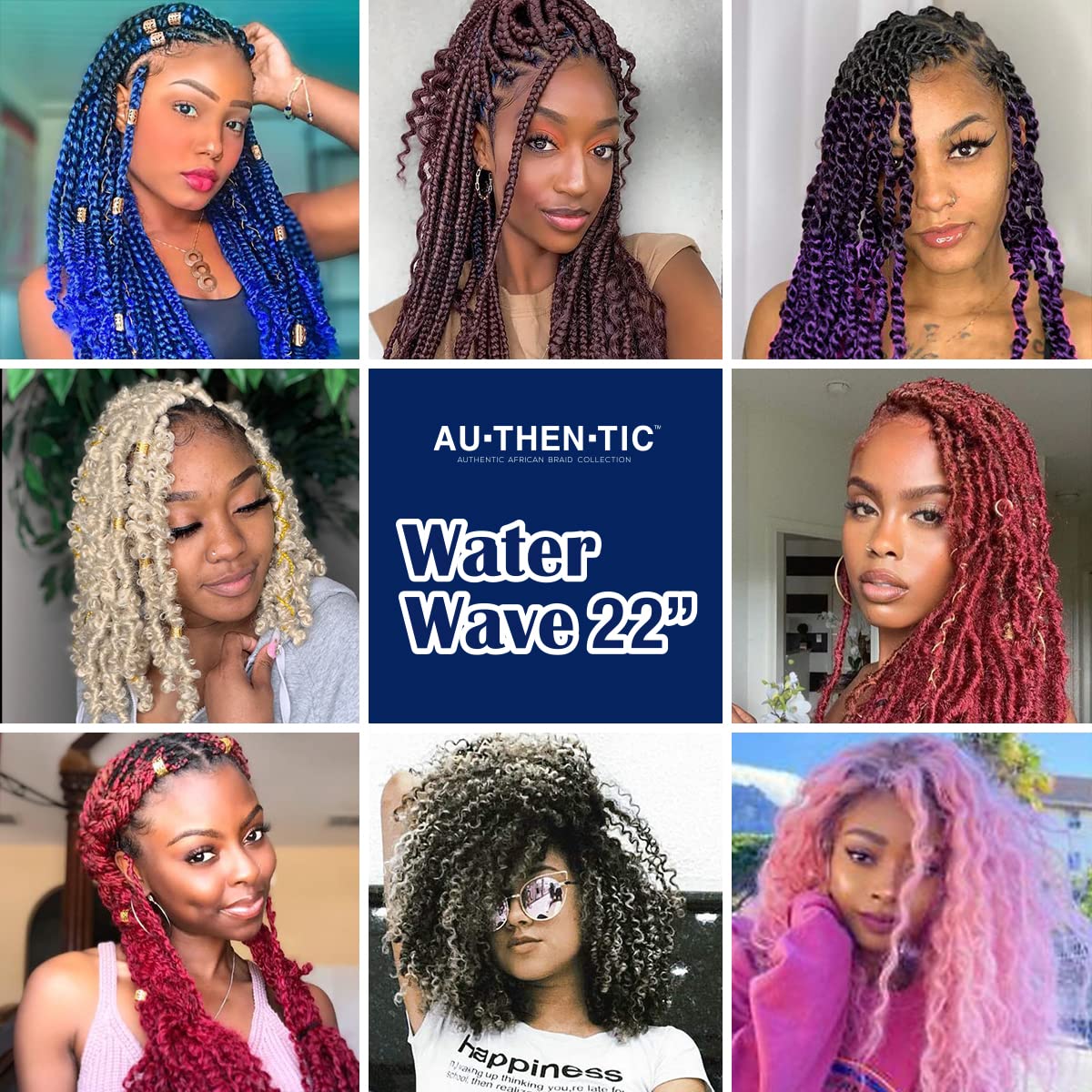 AU-THEN-TIC Water Wave Crochet Braids Hair, 22 Inch, 8 Packs, Synthetic Extensions for Passion Twists, Butterfly Locs, and Bohemian Styles, (Grey)