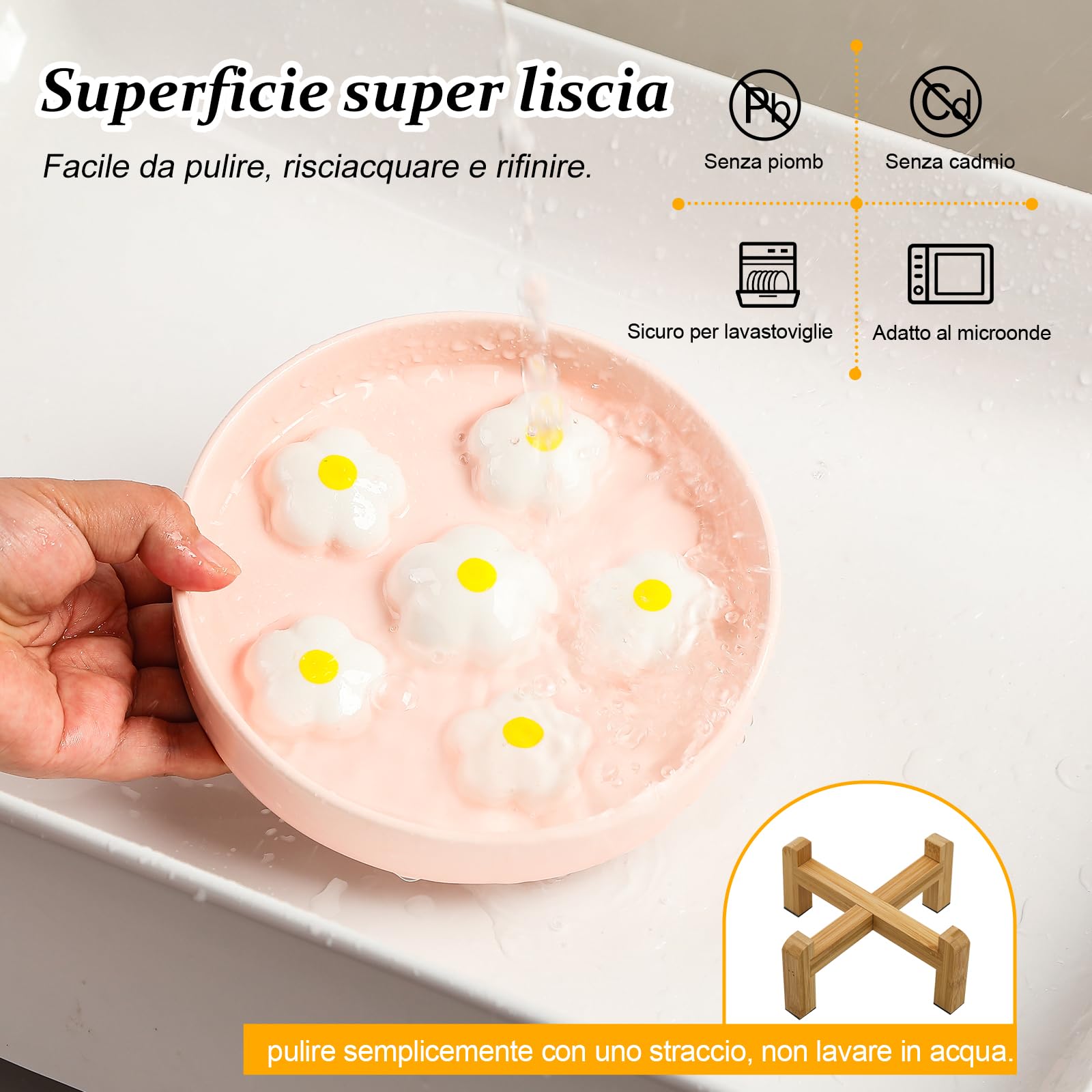 Ciotola Anti-ingozzamento Rialzata per Gatto - Ciotola in ceramica con supporto in bambù antiscivolo - Con motivo a labirinto per alimentazione lenta - Fiori bianchi