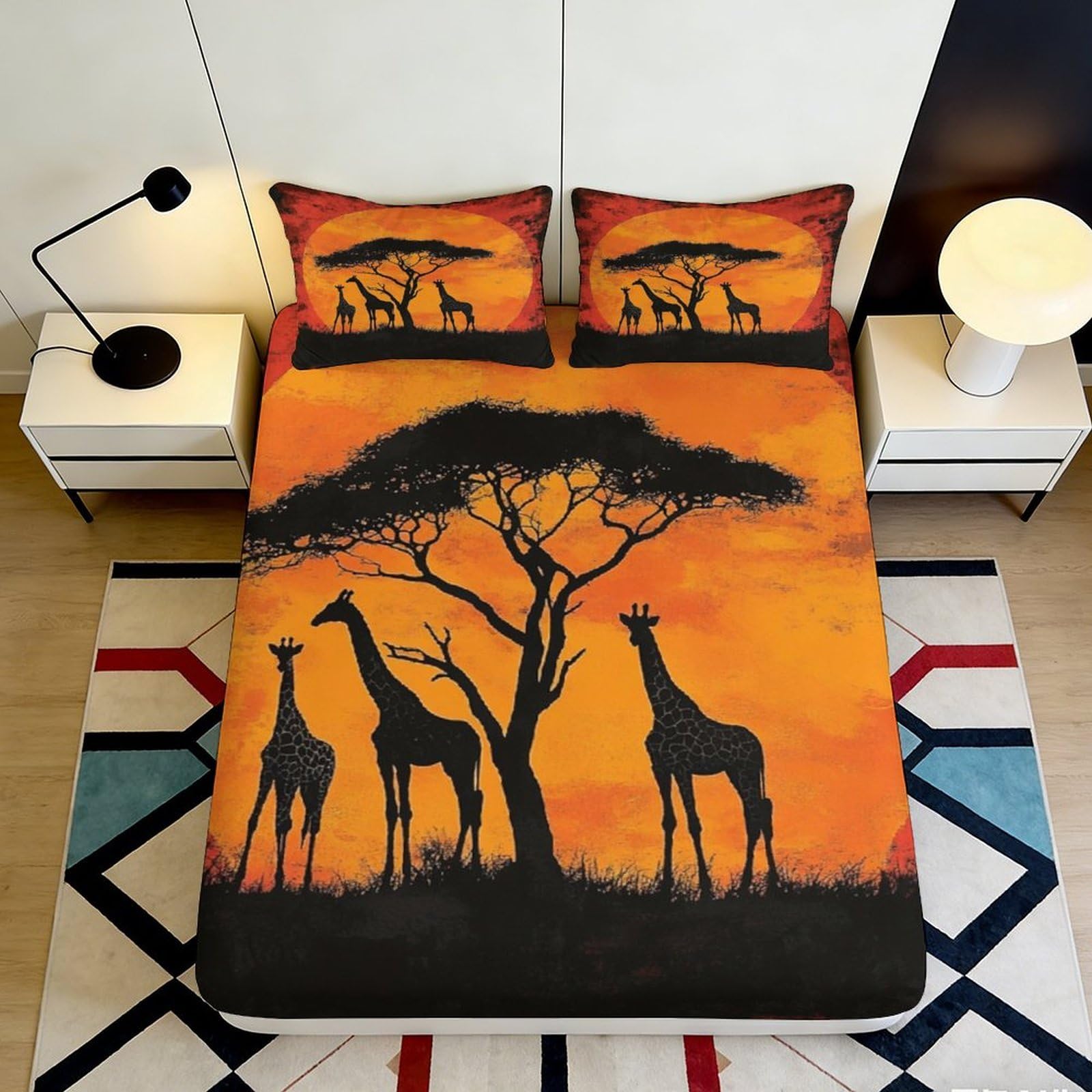 3D Printed African Sunset Fitted Sheet Microfiber Soft Breathable Giraffe Bed Cover for Bedroom Dormitory Guest Room Mattress Protection Decor 120x200x25cm