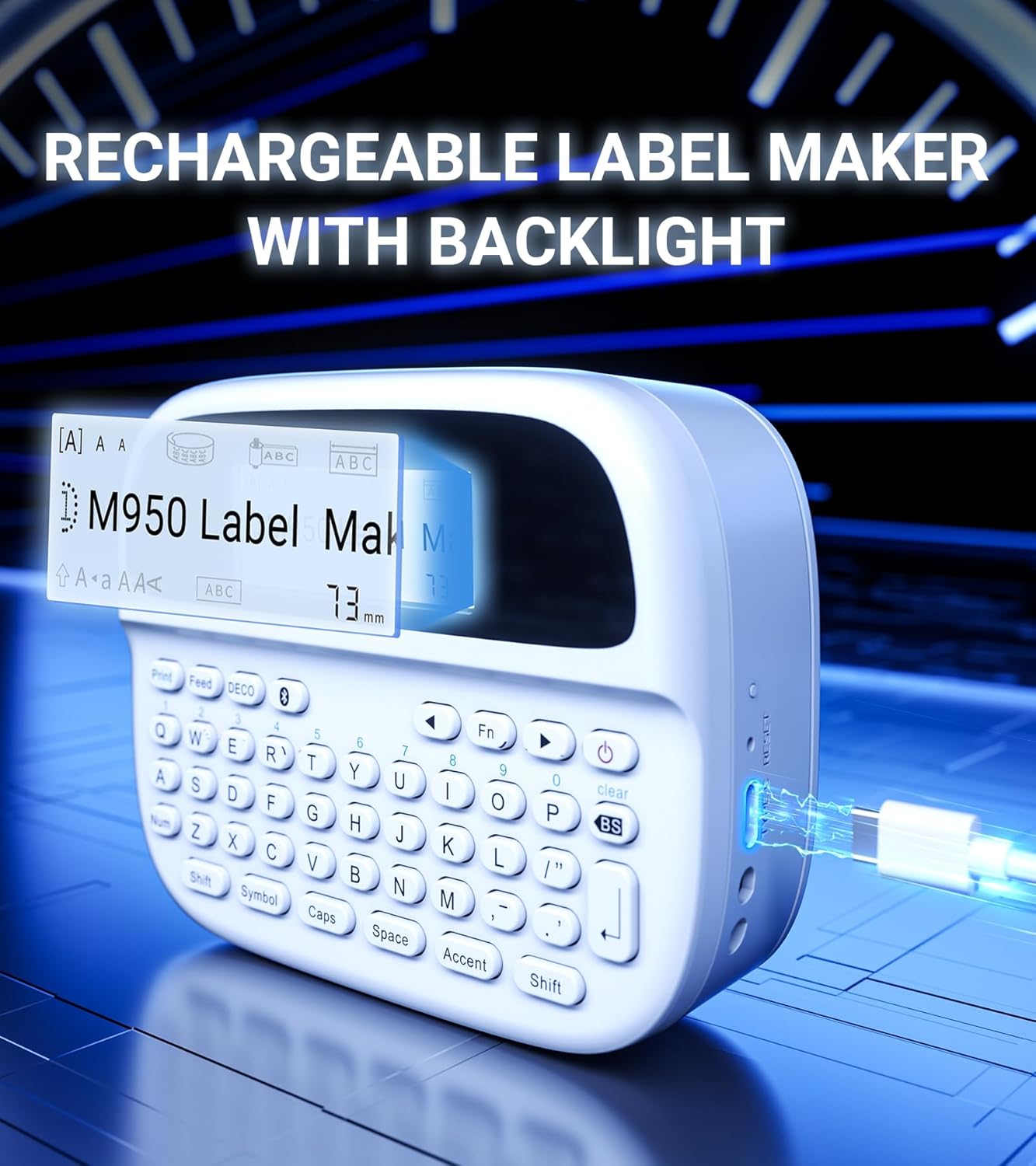 EazeID M950 Label Maker connected to a USB-C charging cable, highlighting its rechargeable battery and backlit LCD screen.