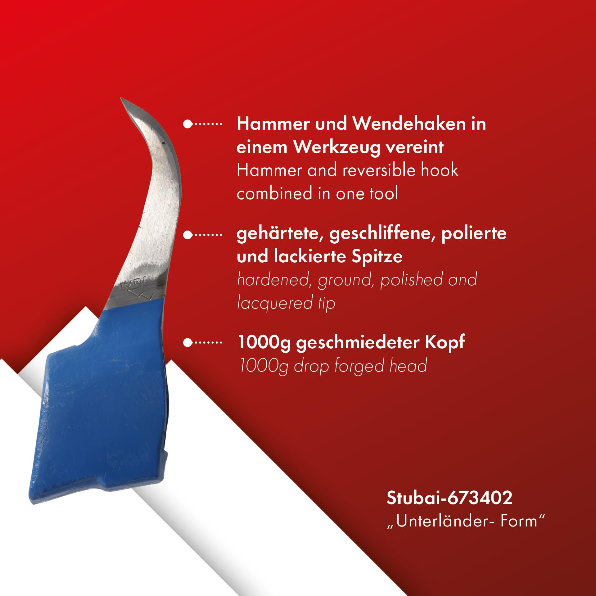STUBAI Sappie-Kopf Unterländer-Form| 1000 g Kopfgewicht | Sappel ohne Stiel | gesenkgeschmiedet, Spitze gehärtet, geschliffen, poliert | zum Ziehen und Bewegen von Holzstücken