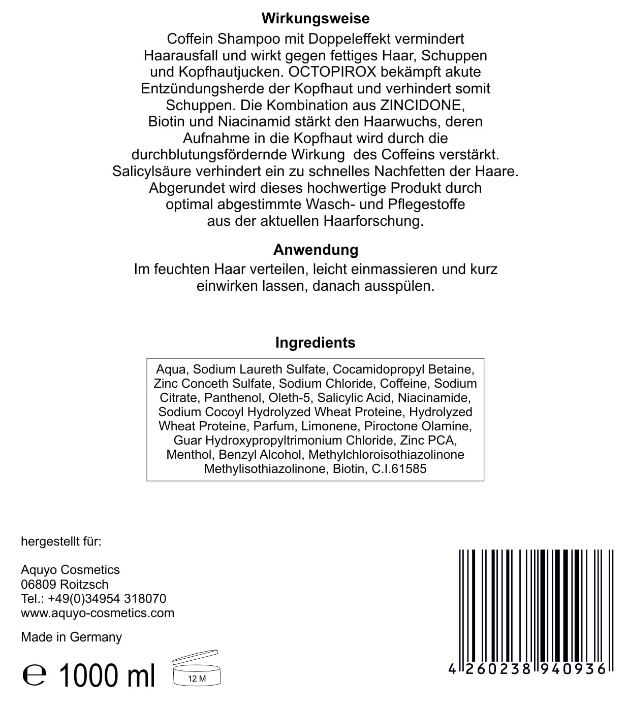 Coffein Shampoo gegen Haarausfall, fettiges Haar und Schuppen (3x 1000ml) | Haarpflege mit Koffein, Zink und Biotin lindert Haarausfall und fördert das Haarwachstum | Haarshampoo bei Kopfhautjucken